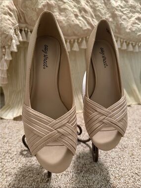 City Streets Beige Peep-Toe Wedge Heels with Woven Detail